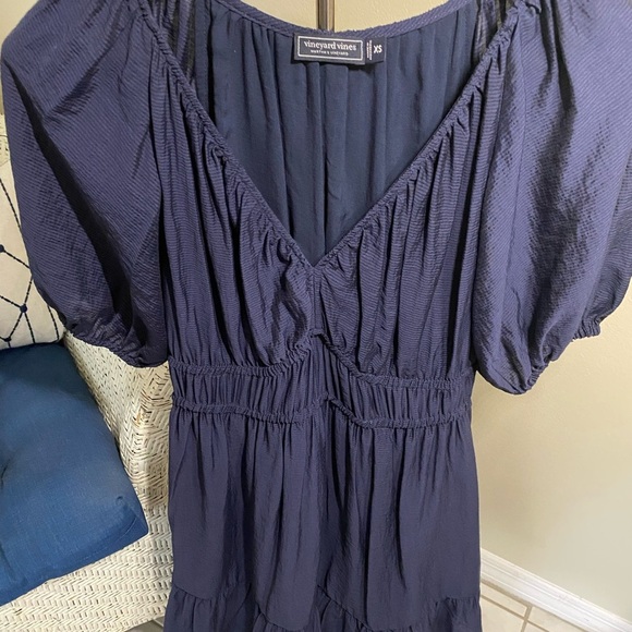 Vineyard Vines Blue Midi Dress -Size XS – Puff Sleeves, Ruffle Hem - Picture 3 of 7
